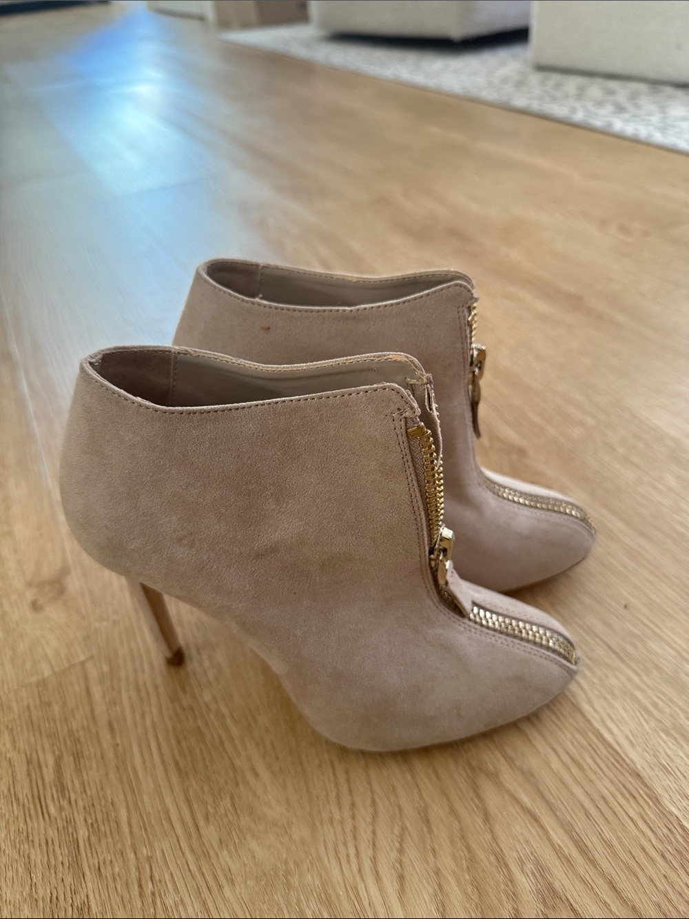 Zara Suede Zip Front Ankle Booties - Beige
